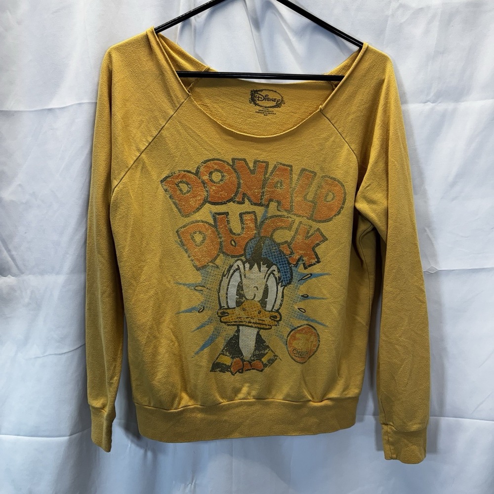 Disney Donald Duck Off The Shoulder‎ Mustard Sweatshirt Size Small